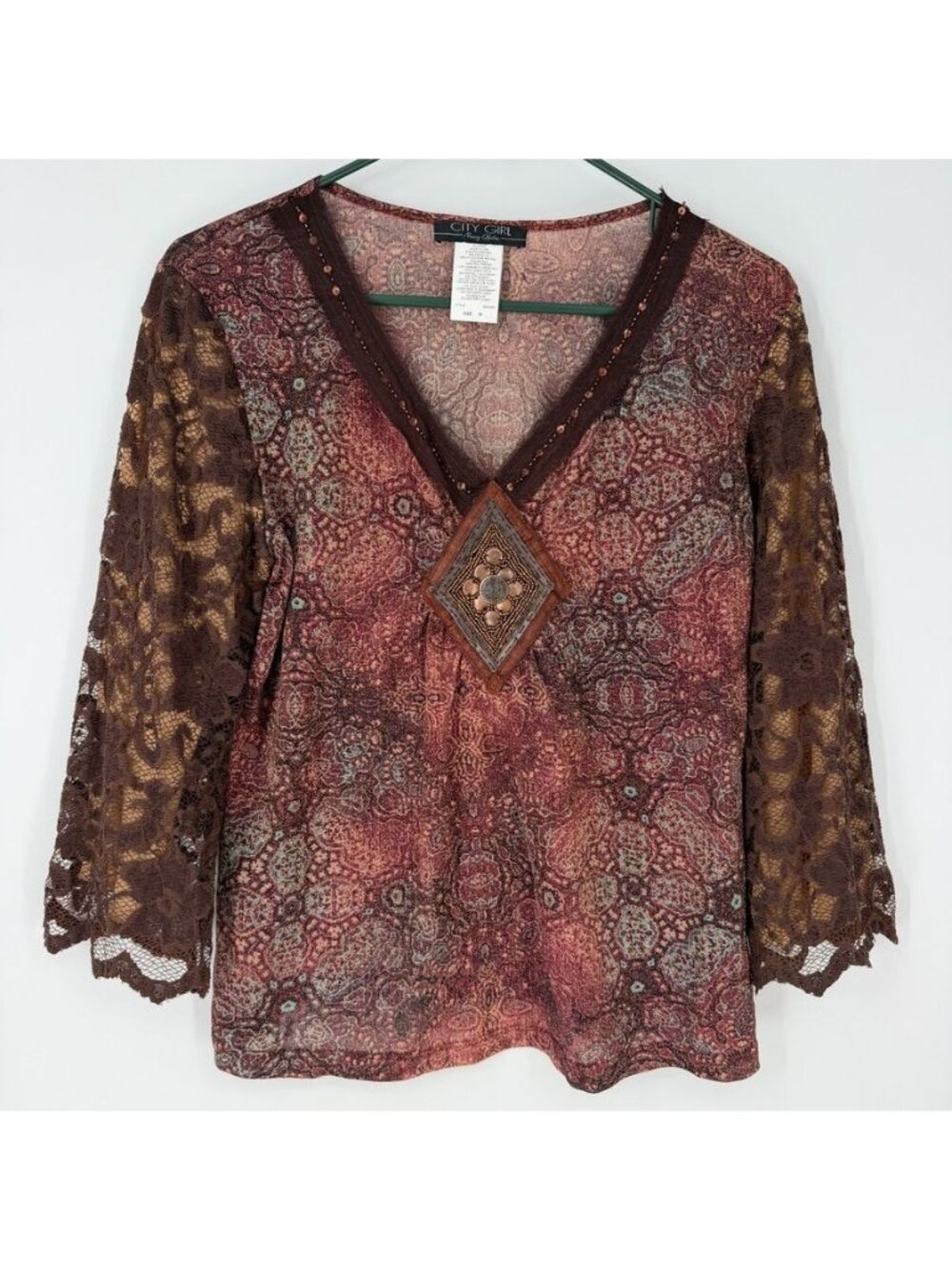 City Girl VTG Beaded Lace Sleeve Women Medium Blouse V Neck Y2K